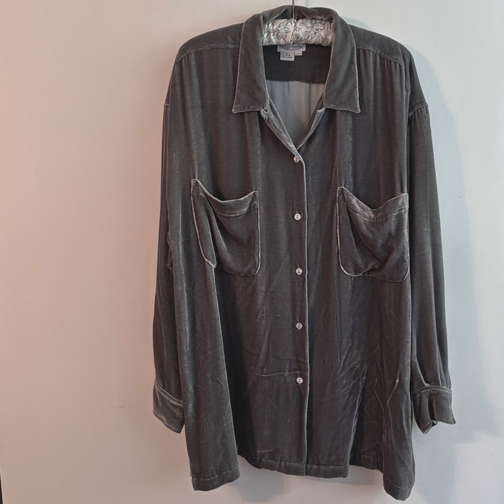 Arleen Bowman Chin Chin Oversized Silver Grey Velvet Shirt Size L
